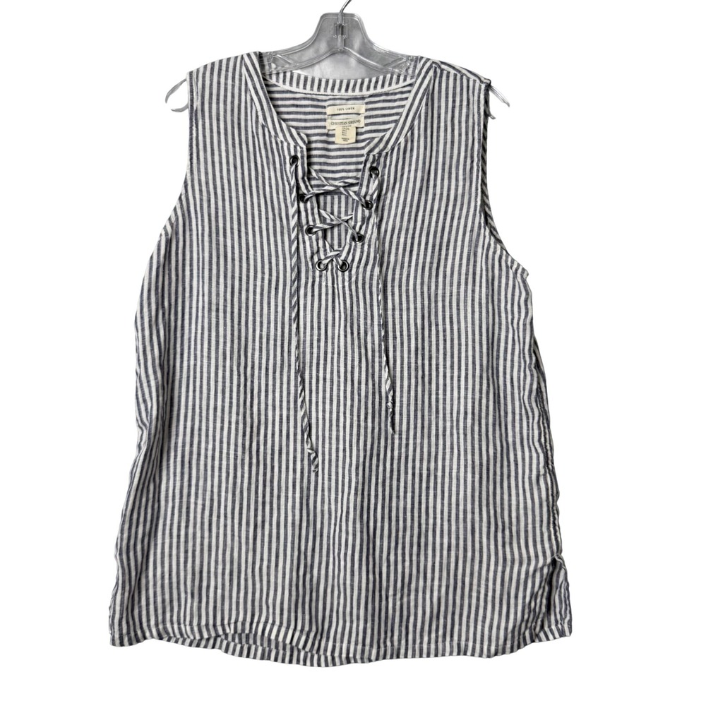 Christian Siriano 100% Linen Top Womens L Stripe Sleeveless V Neck Beach Coastal